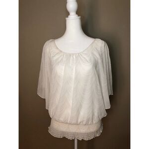 Elegant White Sheer Top with Butterfly Sleeves & Gold Trim